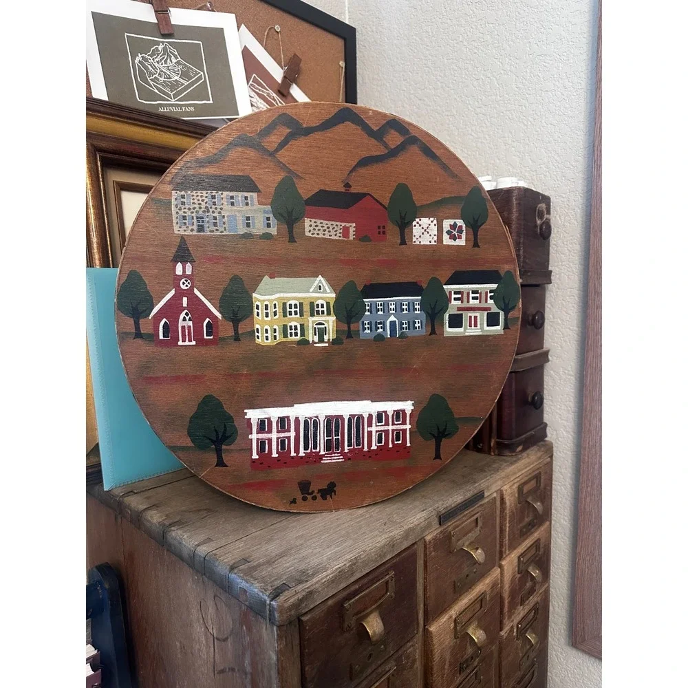 Vtg Hand Painted Wooden Cheese Box FolkArt Americana Primitive Village Scene Lid
